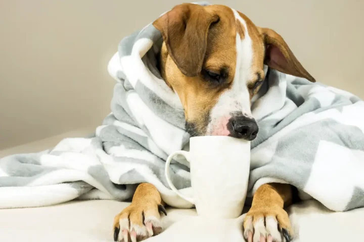 A dog staying warm in the winter