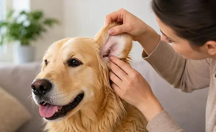 Dog ear infection prevention — checking a dog's ear for redness & irritation.