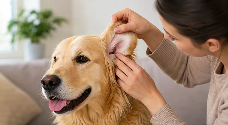 Dog ear infection prevention — checking a dog's ear for redness & irritation.